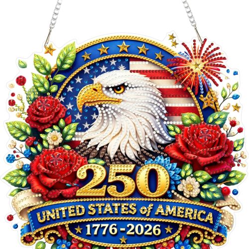 Eiflow 250th Anniversary USA Diamond Art Hanging Kit for Adults, DIY Patriotic Diamonds Painting Door Hanger Board Kit, Crystal Diamond Art Painting Pendant Ornament (Fourth of July Eagle)