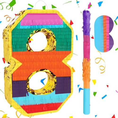 Rainbow Number 8 Pinata Rainbow Pinata with Bat Stick Blindfold for Kids 8th Birthday Party Supplies Fiesta Centerpieces Anniversary Celebrations (16.1 x 10.6 x 3.2 Inches)