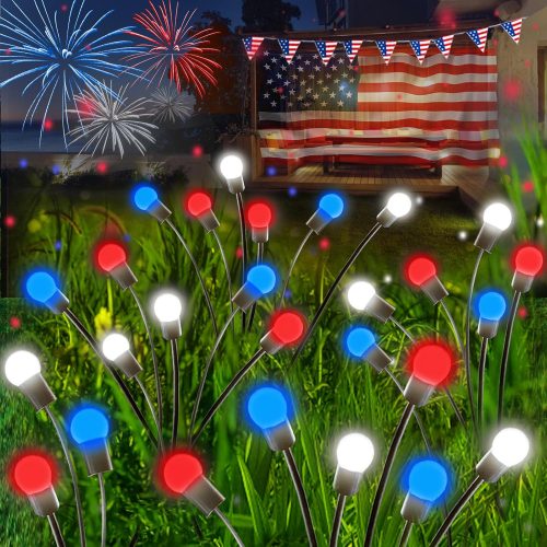 4th of July Decorations, 6 Pack Solar Firefly Lights Outdoor, 36 LED Waterproof Patriotic Decor Garden Lights with 2 Modes for 250th Anniversary National Yard Path Decorations (Red White and Blue)
