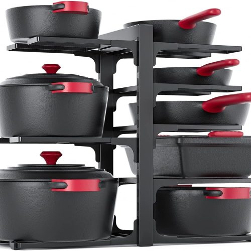 1 8-Tier Pots and Pans Organizer under Cabinet, 15.83" Height Heavy Duty Pot Pan Organizer Kitchen Cabinet Organization and Storage, Adjustable Pot Rack for Frying Pan, Cast Iron Skillet, Black