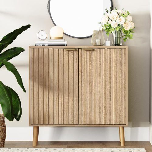 Fluted Storage Cabinet, Freestanding Buffet Cabinet with Adjustable Shelf, Wood Sideboard, Multifunctional Accent Storage for Living Room, Hallway, Entryway, Dining Room (1, Oak)