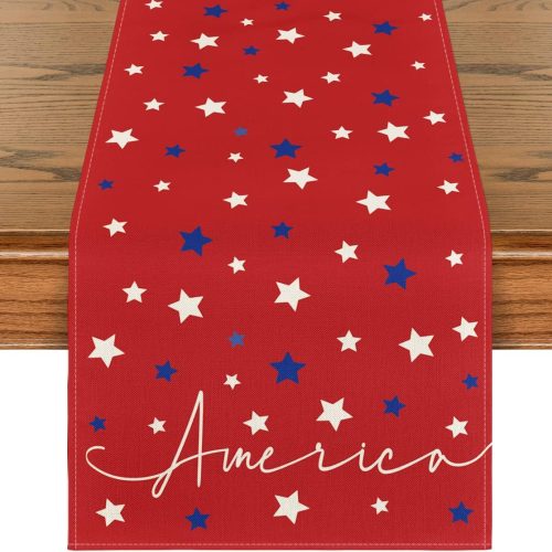 Red Stars America Patriotic Memorial Day 4th of July Table Runner, Independence Day Holiday Kitchen Dining Table Decor for Home Party Decoration 13 x 72 Inch