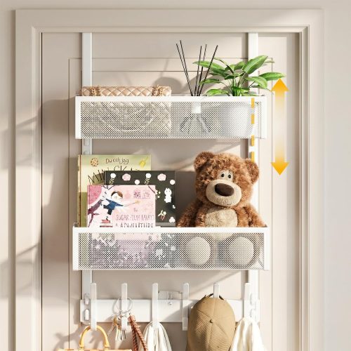 1 Over the Door Hooks Organizer, Over Door Storage with 12 Coat Hooks and 2 Mesh Basket, Bathroom Door Organizer Towel Rack Back of Door Hanger Organizer for Bedroom, Kitchen(White)