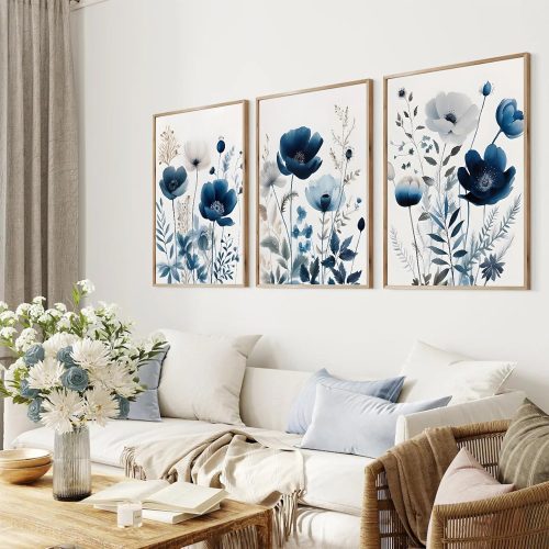 1 3Pcs Flower Canvas Wall Art Navy Blue Wildflower Wall Decor Pictures Modern Watercolor Boho Botanical Floral Posters Prints for Bedroom Living Room Home Decoration Unframed 12x16in