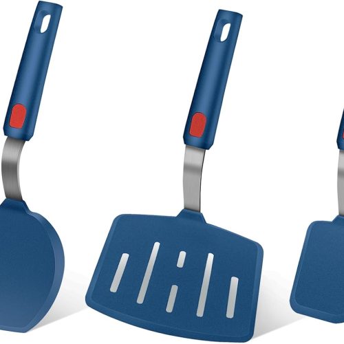 1 Silicone Spatula Turner Set of 3, Heat Resistant Large Wide Spatula for Pancake, Silicone Fish Spatulas Flipper for Cooking & Non-stick Cookware, BPA Free Rubber Cooking Untensil Set