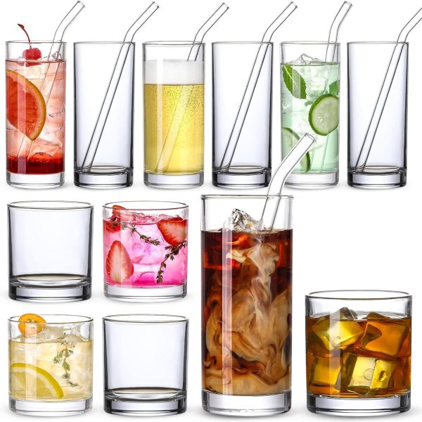 12 Pack ] Glass Cups with Glass Straws, 12oz Highball & Rock Drinking Glasses, Everyday Drinkware Glasses Set, Cute Tumbler Cup, Kitchen Glasses for Iced Coffee, Water, Beer, Cocktail, Whiskey Gift.