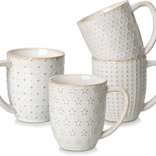 Coffee Mugs Set of 4, 16 Oz Ceramic White Cups with Handles, Embossed Cups for Latte Cappuccino Mocha, Dishwasher Microwave Safe, Gift Set for Coffee Lovers