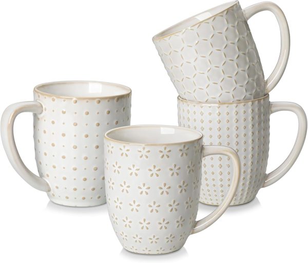 Coffee Mugs Set of 4, 16 Oz Ceramic White Cups with Handles, Embossed Cups for Latte Cappuccino Mocha, Dishwasher Microwave Safe, Gift Set for Coffee Lovers