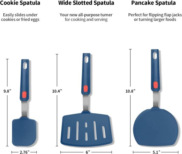 Silicone Spatula Turner Set of 3, Heat Resistant Large Wide Spatula for Pancake, Silicone Fish Spatulas Flipper for Cooking & Non-stick Cookware, BPA Free Rubber Cooking Untensil Set