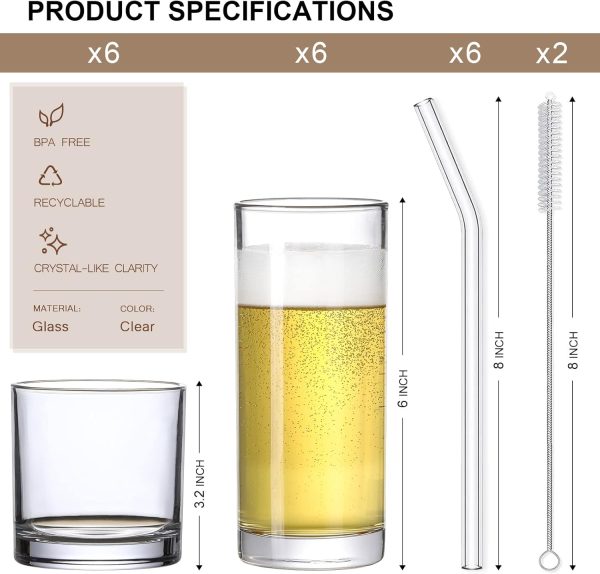 12 Pack ] Glass Cups with Glass Straws, 12oz Highball & Rock Drinking Glasses, Everyday Drinkware Glasses Set, Cute Tumbler Cup, Kitchen Glasses for Iced Coffee, Water, Beer, Cocktail, Whiskey Gift.