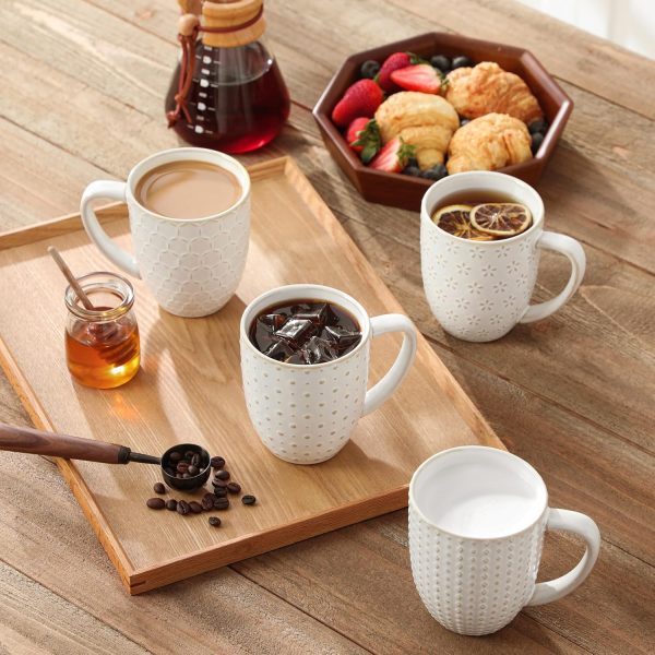 Coffee Mugs Set of 4, 16 Oz Ceramic White Cups with Handles, Embossed Cups for Latte Cappuccino Mocha, Dishwasher Microwave Safe, Gift Set for Coffee Lovers