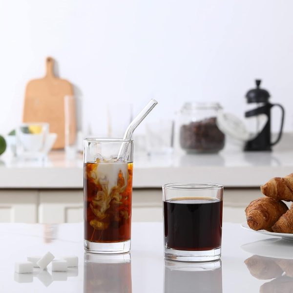 12 Pack ] Glass Cups with Glass Straws, 12oz Highball & Rock Drinking Glasses, Everyday Drinkware Glasses Set, Cute Tumbler Cup, Kitchen Glasses for Iced Coffee, Water, Beer, Cocktail, Whiskey Gift.