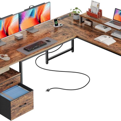 CT0425295JS_1 PRAISUN 63 Inch L Shaped Desk with Power Outlets and USB-C Port, Computer Corner Home Office Desk with File Fabric Drawers and Movable Monitor Stand, Larger Storage, Gaming, Writing, Rustic Brown