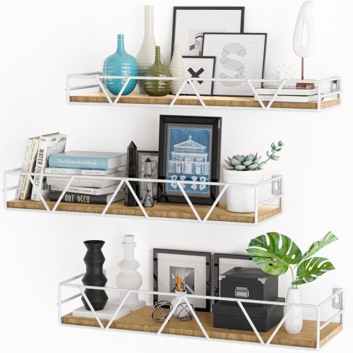 Amaoot Floating Shelves Set of 3, Home Wood Wall Shelf, Farmhouse Shelf for Bedroom, Wall Mounted Floating Shelf for Living Room, Bedroom, Bathroom, Kitchen, Office (White)