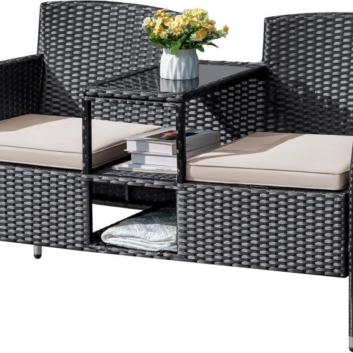 Flamaker Outdoor Furniture Patio Loveseat Wicker 2-Seat with Built-in Table and Cushions Rattan Porch Chairs Bench for Balcony, Lawn, Backyard (Beige)