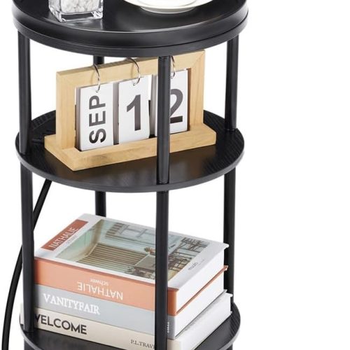 CT0426051JS_1 Small Round Side Table with Charging Station for Small Spaces, 3-Tier Accent Table with USB Ports & Power Outlets, Sofa Corner Tea Table for Living Room Nightstand Bedroom Apartment (Black)