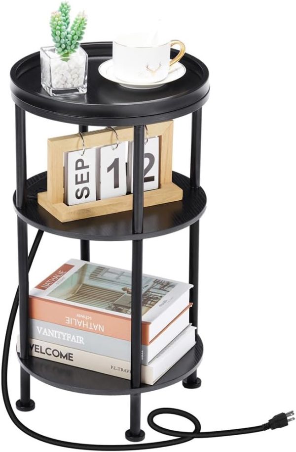 CT0426051JS_1 Small Round Side Table with Charging Station for Small Spaces, 3-Tier Accent Table with USB Ports & Power Outlets, Sofa Corner Tea Table for Living Room Nightstand Bedroom Apartment (Black)