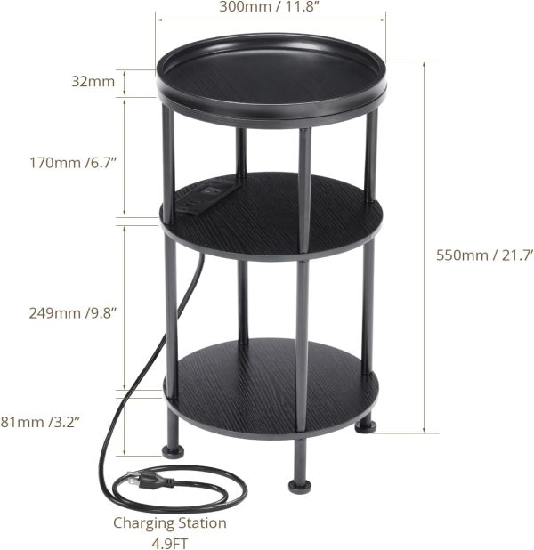 CT0426051JS_2 Small Round Side Table with Charging Station for Small Spaces, 3-Tier Accent Table with USB Ports & Power Outlets, Sofa Corner Tea Table for Living Room Nightstand Bedroom Apartment (Black)