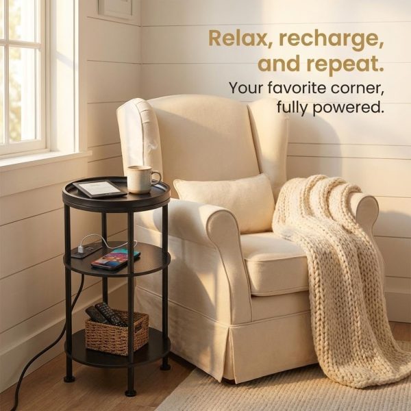 CT0426051JS_3 Small Round Side Table with Charging Station for Small Spaces, 3-Tier Accent Table with USB Ports & Power Outlets, Sofa Corner Tea Table for Living Room Nightstand Bedroom Apartment (Black)