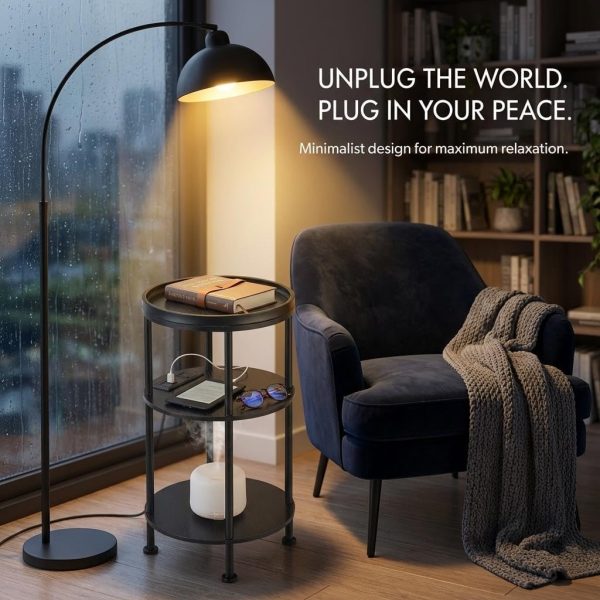 CT0426051JS_4 Small Round Side Table with Charging Station for Small Spaces, 3-Tier Accent Table with USB Ports & Power Outlets, Sofa Corner Tea Table for Living Room Nightstand Bedroom Apartment (Black)