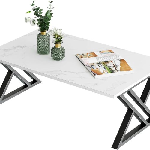 Wolawu Coffee Table White Living Room Center Table, Simple Modern Faux Marble Rectangular Tea Table with Sturdy Black Metal Frame,Industrial Wooden Coffee Table for Bedroom Home Office