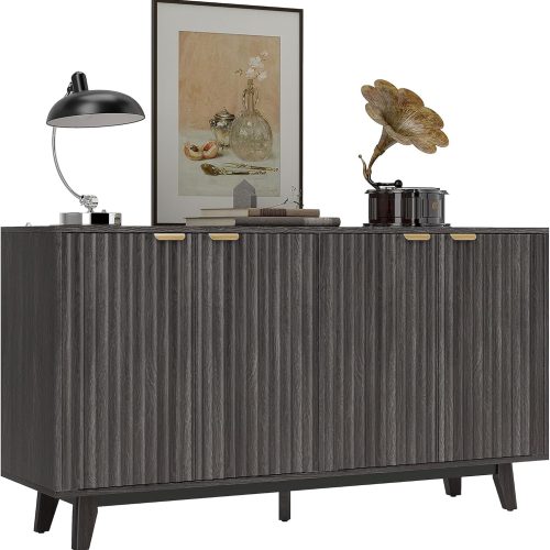 CT0426837JS_1 HOMCOM Fluted Sideboard Buffet Cabinet, 55" Modern Accent Console Cabinet with 4 Doors, 2 Adjustable Shelves and 5 Wood Legs, Dark Gray