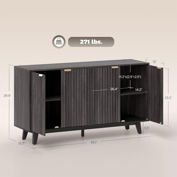 CT0426837JS_3 HOMCOM Fluted Sideboard Buffet Cabinet, 55" Modern Accent Console Cabinet with 4 Doors, 2 Adjustable Shelves and 5 Wood Legs, Dark Gray