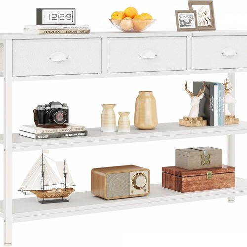 CT0427280JS_1 Furologee White Long 47" Console Sofa Table with 3 Drawers, Entryway Table with 3-Tier Storage Shelves, Display Shelf for Entry Way, Hallway, Couch, Living Room, Kitchen, Foyer