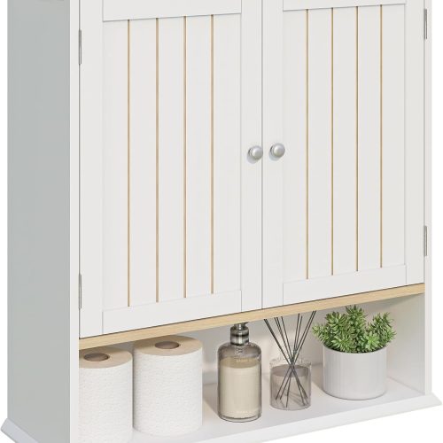 Viaozutis Over The Toilet Bathroom Wall Cabinet with 2 Doors and Open Shelf, Wooden Space Saving Storage Cabinet, Medicine Cabinet for Bathroom Organization, White