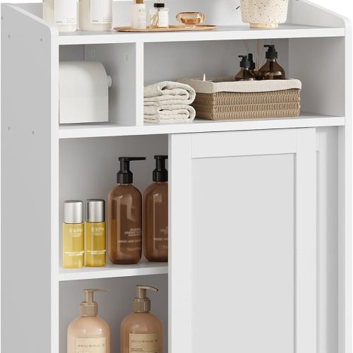CHOEZON Slim Bathroom Storage Cabinet, Bathroom Floor Cabinet, Storage Organizer with Toilet Paper Holder, Sliding Doors and Adjustable Shelf, for Small Spaces, Bathroom, Living Room, Kitchen, White