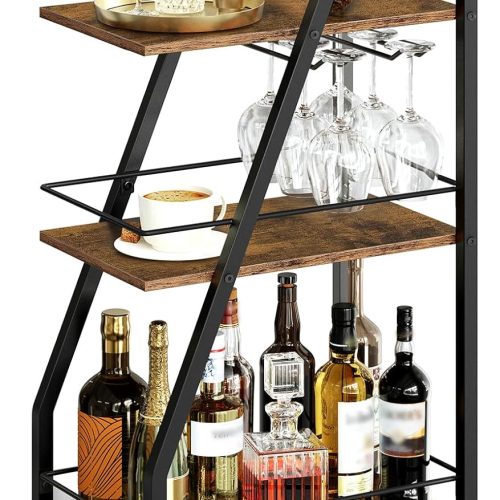 YATINEY Bar Cart, 3-Tier Home Bar Serving Cart with Wheels, Drink Cart with Glass Holder, Beverage Cart, Rolling Kitchen Cart, for Home, Living Room, Rustic Brown and Black BC03BR
