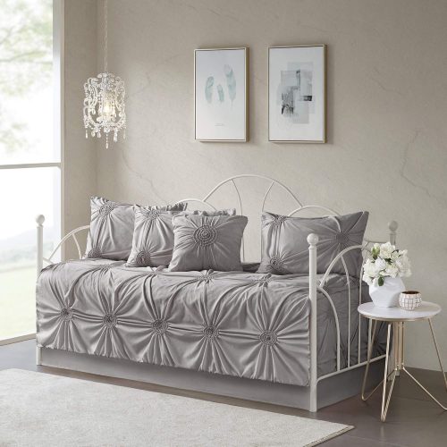 CT0430465JS_1 Madison Park Daybed Cover Set-Trendy Design All Season Luxury Bedding with Bedskirt, Matching Shams, Decorative Pillow, Medallion Tufted Dark Grey 75"x39" 6 Piece