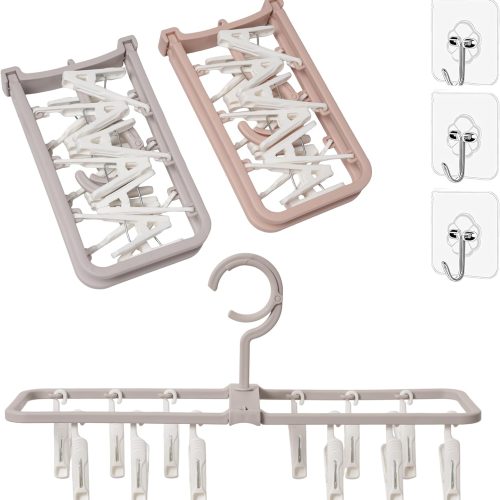CT0431792JS_1 Foshine Clothes Drying Racks 2 Pack Small Folding Portable Underwear Hangers with 12 Clips 360° Rotatable Hook for Socks Drying Towels Bras Baby Clothes Gloves Plast 3 pcs Traceless Hook.