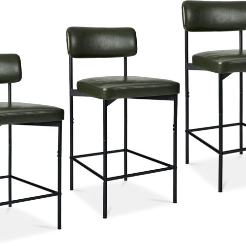 CT0432435JS_1 Best Choice Products Set of 3, Armless Counter Height Bar Stools, Modern PU Faux Leather Stools for Kitchen Island, Home, Dining - Moss Green