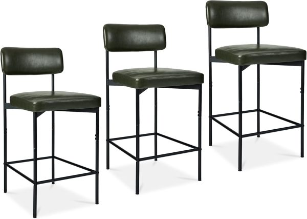 Best Choice Products Set of 3, Armless Counter Height Bar Stools, Modern PU Faux Leather Stools for Kitchen Island, Home, Dining - Moss Green