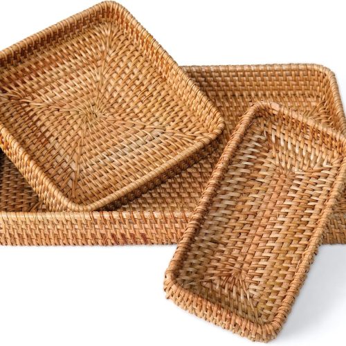 Rattan Serving Tray, Including 3 Sizes of Woven Wicker Rectangle Trays & Shallow Basket Trays. Decorative Rattan Baskets with Organizing Function, Daily Serving Needs