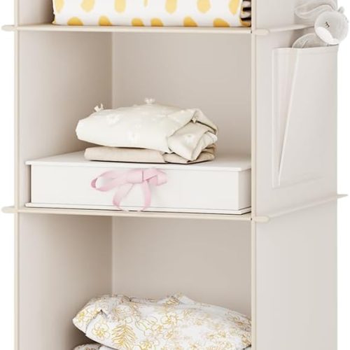 YOUDENOVA Hanging Closet Organizer, 4-Shelf Closet Hanging Storage Shelves, Beige
