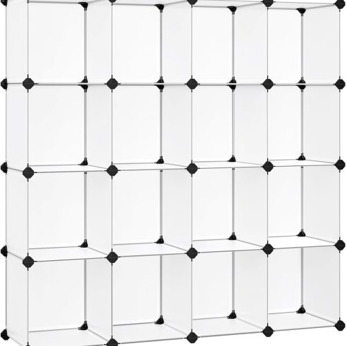 CT0433503JS_1 SONGMICS Cube Storage Organizer, Set of 16 Plastic Cubes, Book Shelf, Closet Organizers and Storage, Room Organization, Bedroom Living Room, 12.2 x 48.4 x 48.4 Inches, White ULPC44L
