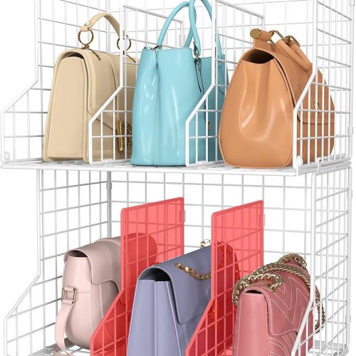 Sonyabecca Purse Organizer for Closet:Adjustable 2-Pack Dividers Purse Organizer-Stackable Wire Handbags Storage Baskets-Open Cabinets Wallets Tote Chain Bags Clutches-White