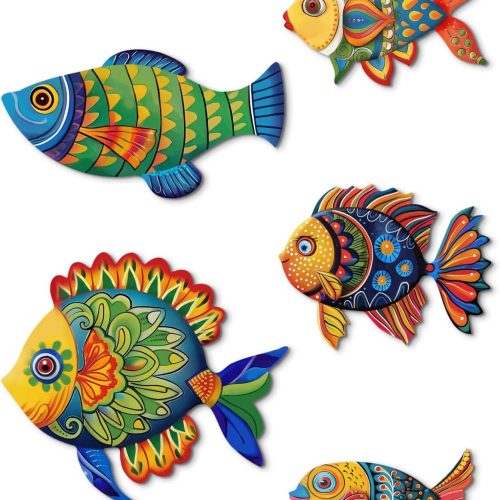 Putuo Decor 5 Pcs Wooden Fish Wall Decor Beach Nautical Coastal Theme Fish Wall Sculpture Lake House Ocean Decor Vintage Ornaments for Home Bathroom Bedroom