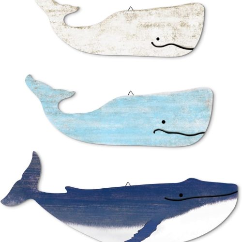 Putuo Decor Blue And White Whale Beach Wall Decor Wooden Nautical Decor Rustic Whale Wall Pediments Set 3 Piece Ocean Hanging Decor For Living Room Bedroom Bathroom