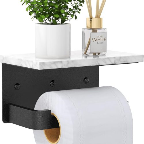 CT0434594JS_1 Gypie Toilet Paper Holder with Shelf, Extended Base Wall Mounted, Marble Toilet Roll Holder Black for Bathroom Washroom