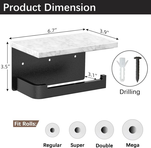 Gypie Toilet Paper Holder with Shelf, Extended Base Wall Mounted, Marble Toilet Roll Holder Black for Bathroom Washroom