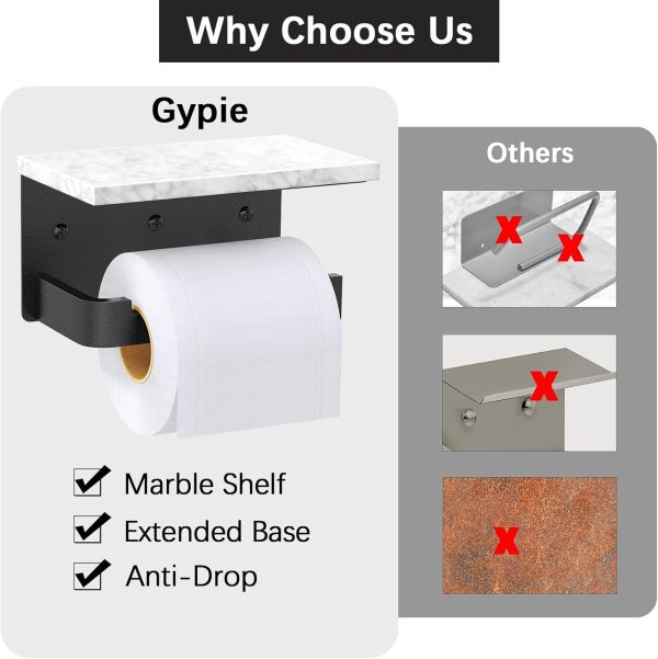 Gypie Toilet Paper Holder with Shelf, Extended Base Wall Mounted, Marble Toilet Roll Holder Black for Bathroom Washroom