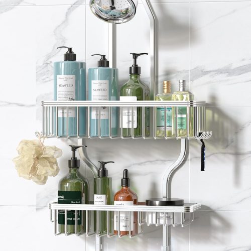 YASONIC Never Rust Shower Caddy Hanging, Aluminum Shower Racks for Inside Shower, 3-Tier Shower Organizer Hanging Over Shower Head with Hooks and Soap Holder, Silver