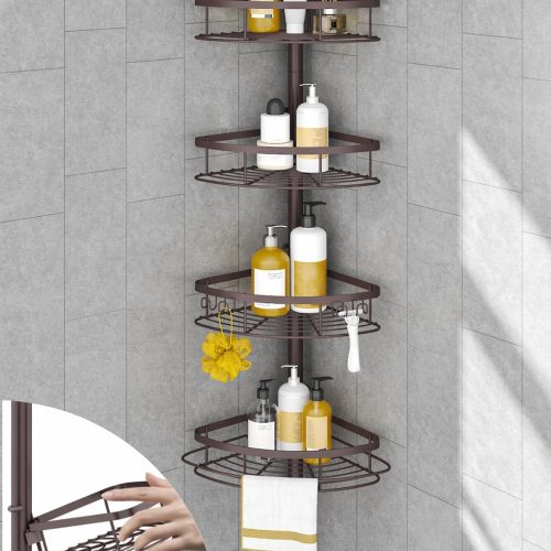 SEIRIONE Rustproof Shower Corner Caddy Organizer for Bathroom, Tension Pole with 4 Baskets, for Bathtub Storage Rack, 34 to 116 Inch Height, Bronze