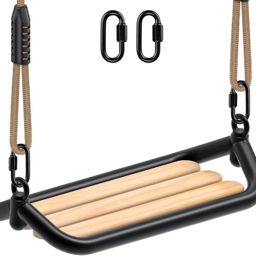 SELEWARE Hanging Wood Swing Seat Tree Swing for Kids, 100% Polyester Weather Proof Rope Heavy Duty Steel Tubing Structure Backyard Swing Set Replacement