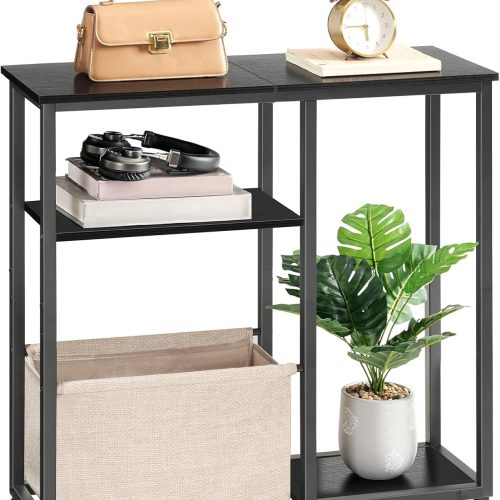HOOBRO Narrow Console Table with Storage Basket, 29.5" Small Entryway Table with 3-Tier Storage Shelves, Behind Couch Sofa Table, Hallway Table for Living Room, Black and Beige BB60XG01