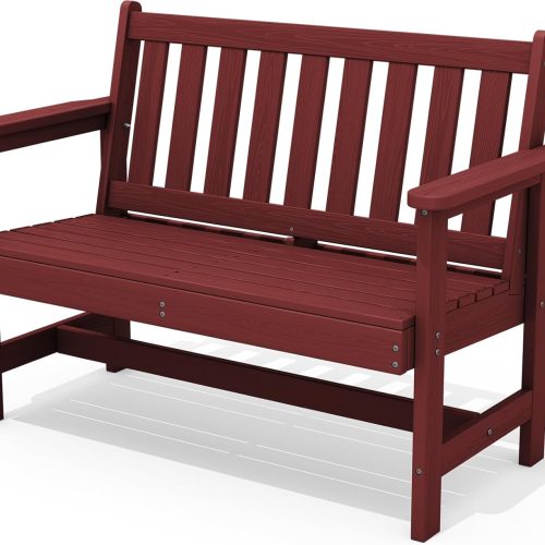 SERWALL Outdoor Bench, HDPE Outdoor Benches Weatherproof, 2-Person Garden Bench with 660 lbs Weight Capacity, Patio Benches for Outdoors, Garden, Porch, Backyard and Park, Red