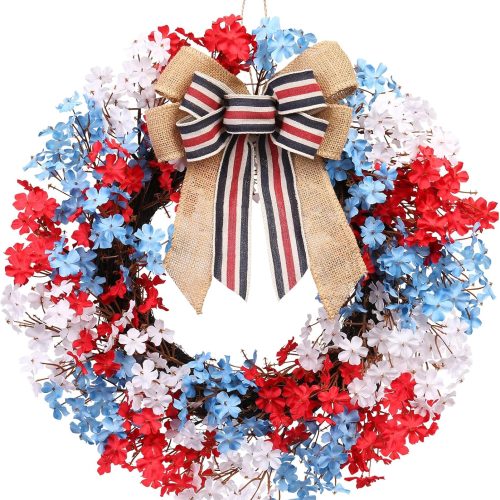 RoseCraft 22inch 4th of July Wreath, Artificial Red White Blue Patriotic Bow Wreaths for Front Door, Memorial Day Independence Day Veterans Day Decor, for Wall Porch Indoor Outdoor Decorations.